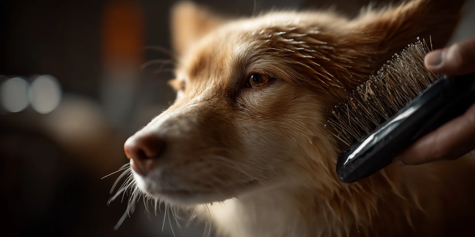 A person gently brushing a relaxed dog's coat, illustrating the hygiene and skin health benefits of routine pet grooming for your Best Mate.