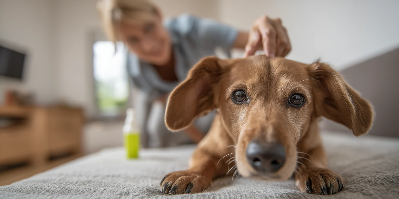 Dog with owner looking for fleas