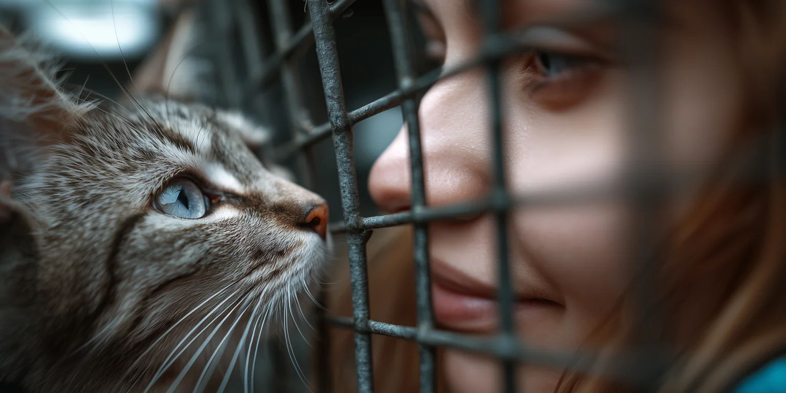 A rescued tabby cat safely looking through an enclosure at its owner, illustrating the lifelong peace of mind provided by microchip implants.